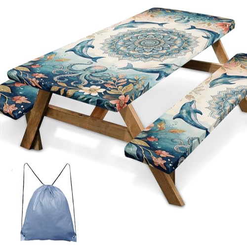 Picnic Table Cover with Bench Covers Elastic Edges, Coastal Camper Fitted Table Cover, Outdoor Camping Essentials 72 Inch 3PCS, Waterproof Camping Fitted Tablecloth with Drawstring Bag - color: Coastal, size: 72in