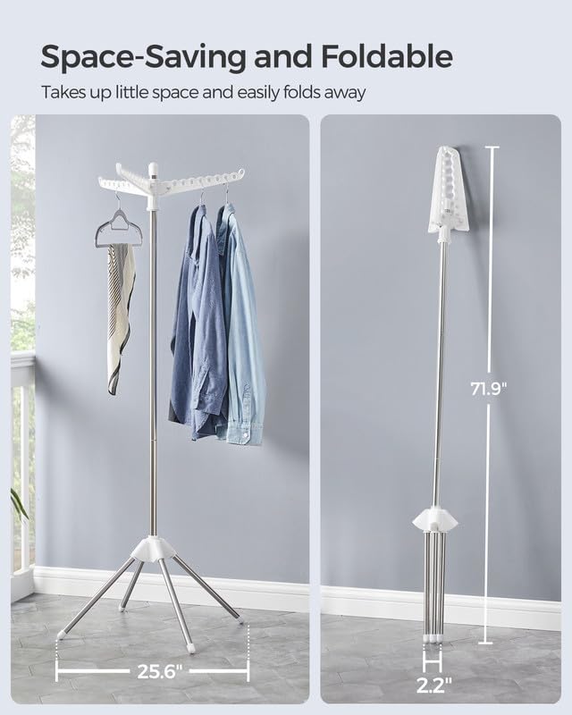 SONGMICS Clothes Drying Rack, 59-Inch Folding Laundry Drying Rack with 3 Rotatable Arms for Hangers, 4 Legs, Stainless Steel, for 27 Pieces of Clothes, White and Silver ULLR510W01 - color: White + Silver, style: 1-Tier