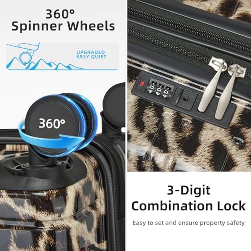 LARVENDER Luggage Sets 5 Piece Hardside Expandable Suitcase with Wheels Lock,PC+ABS Hardside Lightweight Rolling Suitcase for Women and Men,Cheetah - color: Cheetah, size: 5 Piece Set (20/24/28/DB/TB)