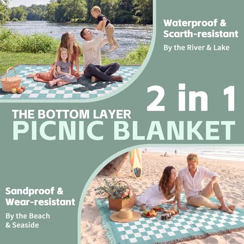 2 in 1 Extra Large Boho Beach Blanket Towel Picnic Rug Camp Mat Family Trip Essentials Summer Vacation Must Have Travel Accessories Lake Day Necessities Stuff Thing Need Gear Gift Item Gadget 2026 - color: Checkered Aqua