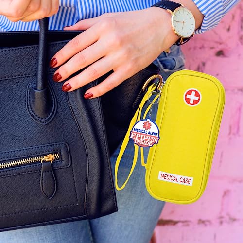 EpiPen Medical Carrying Case Insulated, Travel Medication Organizer Bag Emergency Medical Pouch, Fits 2 EpiPens, Asthma Inhaler, Anti-Histamine, Auvi-Q, Allergy Medicine Essentials, Bright Yellow - color: Yellow