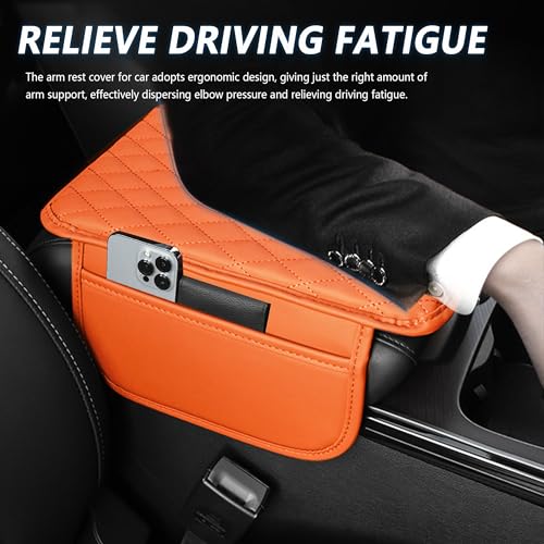 Stacool Upgraded Car Center Console Cover,Microfiber Leather Car Armrest Cover Cushion with 2 Storage Bags,Universal Car Armrest Storage Box (Orange) - color: Orange