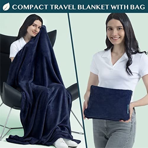 PAVILIA Travel Blanket Pillow, Soft Airplane Blanket 2-IN-1 Combo Set, Plane Blanket Compact Packable, Flight Essentials Car Pillow, Travelers Gifts Accessories Luggage Backpack Strap, 60x43 Navy Blue - color: Navy