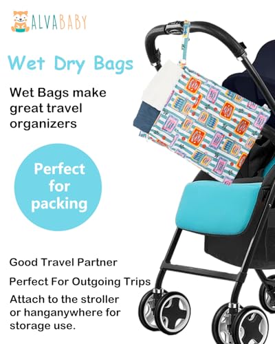 ALVABABY 2pcs Cloth Diaper Wet Dry Bags Waterproof Reusable with Two Zippered Pockets Travel Beach Pool Daycare Soiled Baby Items Yoga Gym Bag for Swimsuits or Wet Clothes 2LM22 - color: Stamps about fish and fruits