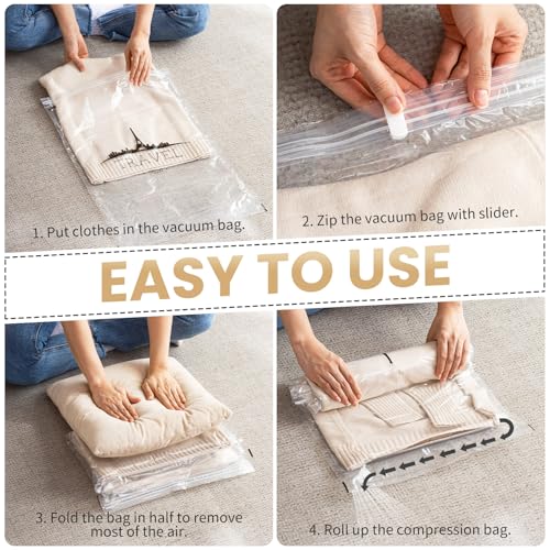 TAILI 15 Travel Compression Bags, Roll Up Space Saver Bags (5 Small+5 Medium+5 Large), Hand Roll Packing Storage Bags for Luggage, Suitcase and Cruises, No Pump or Vacuum Needed, Clear
