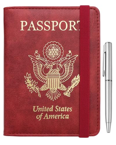 WALNEW Passport Holder for Travel, RFID Passport Cover Wallet for Women Men, PU Leather Passport Book Card Holder Case with Pen, Travelling Essentials for Flying - color: B-Red, style: Elastic Band Closure