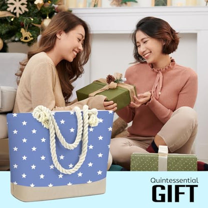 Fokongna Tote Bag For Women, Beach Bag Best Friend Travel Birthday Gifts, Travel Parties Vacation Shopping Essentials - color: Navy White Stars