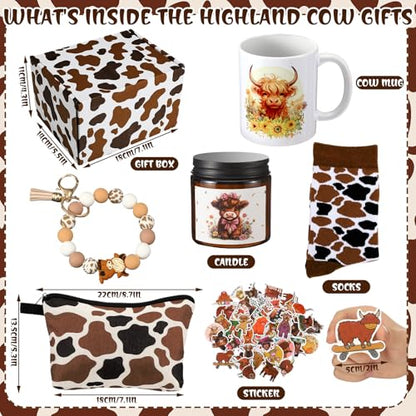 Honeydak Highland Cow Gifts Set for Women Highland Cow Stuff Themed Gifts Include Box Makeup Bag Socks Keychain Mug Stickers Scented Candle for Lover Birthday - style: Highland Cow