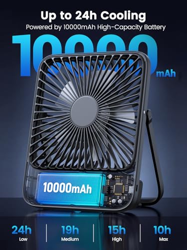 Warmco 10000mAh Portable Travel Fan 7-inch, Up to 24H Runtime, Ultra-thin Quiet Rechargeable Battery Powered Desk Fan with Digital Display for Camping, Office, Bedroom, Cruise Essentials - color: Black