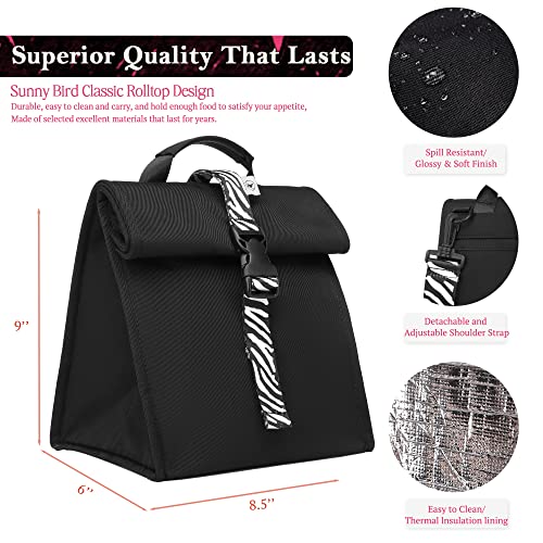 SUNNY BIRD Insulated Lunch Bag Rolltop Lunch Box Tote Bag for Women, Men, Adults and Teens (Black with white strap) - color: Black With White Strap