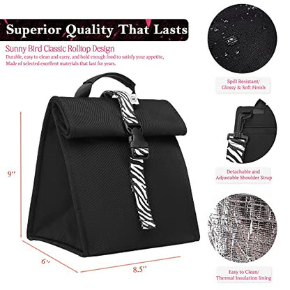 SUNNY BIRD Insulated Lunch Bag Rolltop Lunch Box Tote Bag for Women, Men, Adults and Teens (Black with white strap) - color: Black With White Strap