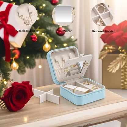 Vlando Small Travel Jewelry Box Organizer - Mirrored Jewelries Necklaces Rings Earrings Necklace Storage Case, Baby Blue - color: a. Baby Blue