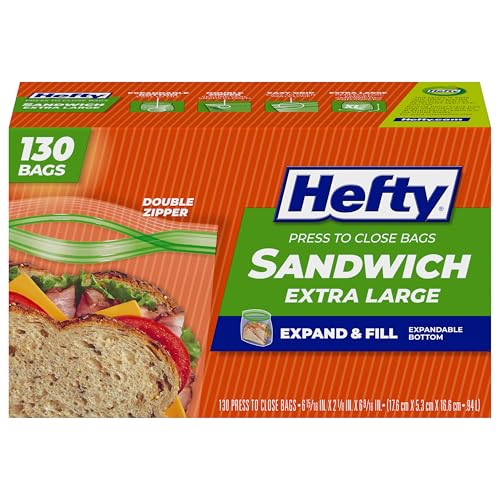 Hefty XL Press to Close Plastic Sandwich Expand and Fill Food Storage Bags, 130 Count - size: Sandwich, style: 130 Count