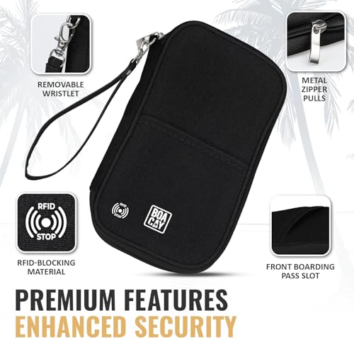 BOACAY Travel Document Organizer with RFID, Family Passport Holder, Wallet for Women & Men, Portable & Waterproof Case for Cards, Boarding Pass, Money - color: Sapphire Black
