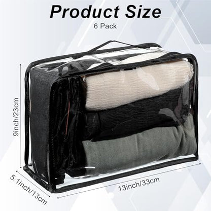 6 Pieces Large Clear Travel Packing Cube Clear Vinyl Zippered Storage Bags See Through Moving Bag PVC Multipurpose Pouch with Handle for Suitcase Shirts Dress Storage (Black, 13 x 9 x 5.1 Inch)