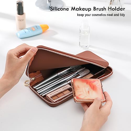FVION Zipper Makeup Brushes Bag For Travel, Large Silicone Makeup Brush Holder, Make Up Brushes Pouch Case for Makeup Tools - Brown - color: Brown