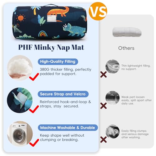 PHF Soft Toddler Nap Mat with Removable Pillow, Rollup Design Kids Sleeping Mat, Slumber Bags for Boys, 55"x23" Toddler Sleeping Bag for Daycare Preschool Travel Camping, Large Navy Dinosaur - color: Large Navy Dinosaur