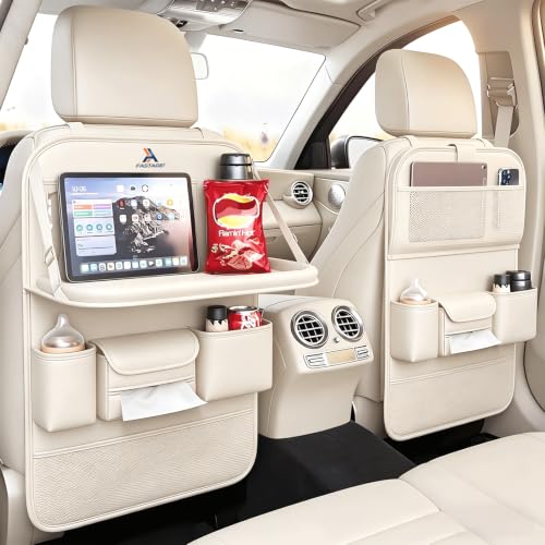 2 Pack Universal Foldable Car Backseat Organizer with Table Tray, Car Seat Back Protector with Touch Screen Phone Holder, Premium Leather Kick Mats with Storage Pockets Tissue Holder (Beige) - color: Beige, size: 2 Pack