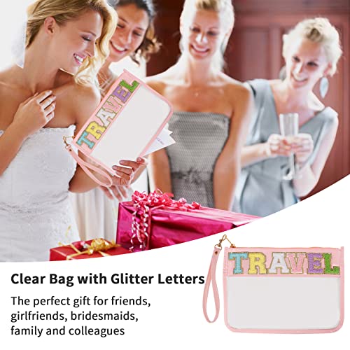 Iqimott Chenille Letter Clear Bag Travel Pouch, Monogram PVC & PU Makeup Cosmetic Bag Zipper Toiletry Pouch, Waterproof Portable Beach Snack Wristlet Bags for Women Girls(Travel, Pink) - color: Travel-Pink