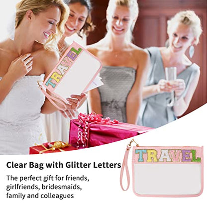 Iqimott Chenille Letter Clear Bag Travel Pouch, Monogram PVC & PU Makeup Cosmetic Bag Zipper Toiletry Pouch, Waterproof Portable Beach Snack Wristlet Bags for Women Girls(Travel, Pink) - color: Travel-Pink
