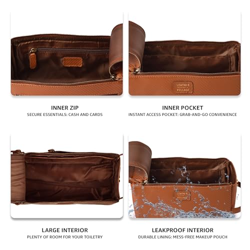 LEATHER VILLAGE Genuine Carbon Fiber Genuine Leather Travel Toiletry Bag - Large Dopp Kit, Water-Resistance Bathroom Kit & Shaving Organizer for Men & Women - Tan - color: Carbon Tan