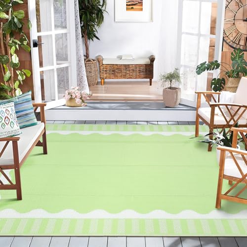 Garvee 8x10 Outdoor Rug, Scalloped Border Waterproof Camping Rugs for Outside Your RV, Modern Plastic Straw Rug, Foldable Reversible UV Resistant Mats for Picnic Backyard Deck Porch, Light Green - color: Bordered|light Green, size: 8' x 10' (Rectangular)