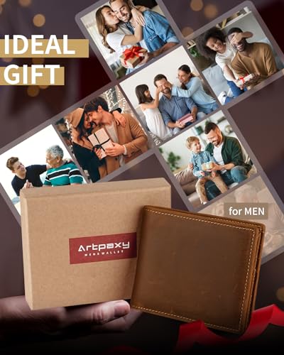 Artpaxy Mens Wallet Genuine Leather Bifold RFID Blocking Wallet for Men with 1 ID Window 13 Card Holders 2 cash pockets 1 Gift Box - color: Coffee Brown