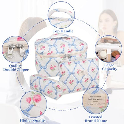 Gosect Makeup Bag Set, Quilted Makeup Bag, Large Floral Cosmetic Bag for Women, Cute Cotton Makeup Bags, Flower Travel Toiletry Organizer Bag (Blue Flower) - color: Blue Flower
