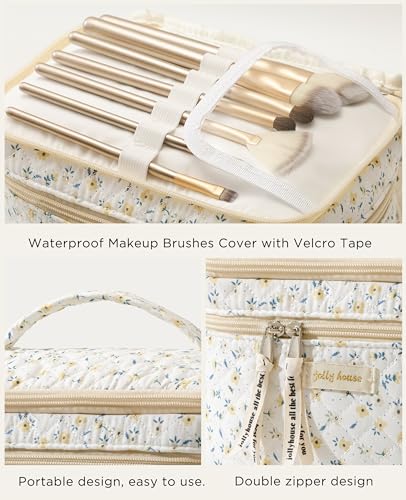 HBselect 2Pcs Travel Makeup Bag, Large Cotton Quilted Makeup Bag Cosmetic Bag Cute Make up Bag Toiletry Bags for Women Girls - color: 2PCS-YELLOWFLOWER