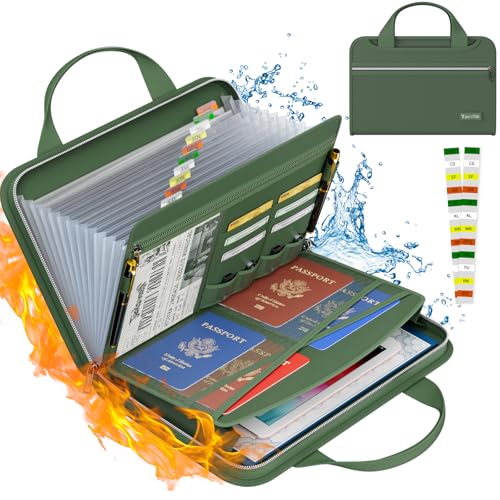 Tamfile Fireproof Accordion File Organizer with Handle, 13 Pocket Expanding File Folder with Zipper & Labels, File Folder with Multi-Pockets Paper Organizer Folder for Letter A4 Files, Green - color: Green, style: Clear Pocket