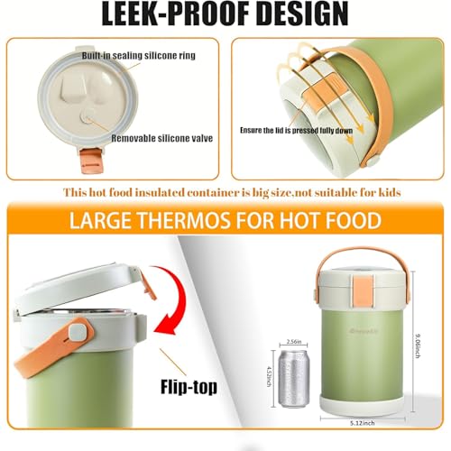 67oz/2L Thermo for Hot Food, 304 Stainless Steel Vacuum Insulated Soup Thermo, Leak-Proof Thermal Lunch Box with 3 Stackable Bento Boxes for Adults Office Travel Camping, Large thermo for hot food - color: green