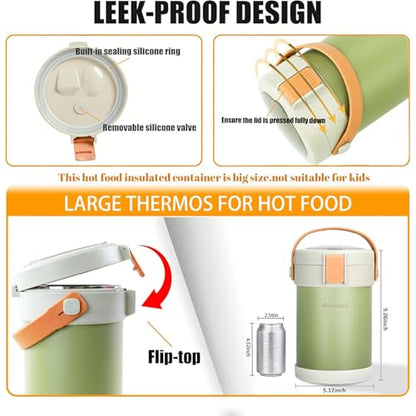 67oz/2L Thermo for Hot Food, 304 Stainless Steel Vacuum Insulated Soup Thermo, Leak-Proof Thermal Lunch Box with 3 Stackable Bento Boxes for Adults Office Travel Camping, Large thermo for hot food - color: green