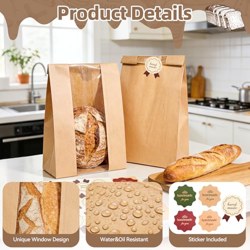 Funcoo 100 Pcs Paper Bread Bags for Homemade Sourdough Bread Bakery Storage Bags with Window, Large Thicker Bakery Loaf Bags for Baked Goods Packaging, Label Seal Sticker Included