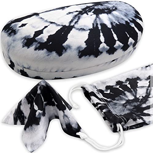 MyEyeglassCase Hard Sunglasses case - Women Glasses Case Holder - Large Durable Eyeglass Case Hard Shell with Pouch & Cloth - color: Tie Dye White Black