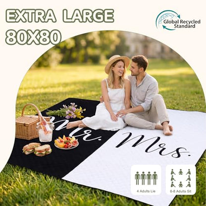 Waterproof Beach Blanket Picnic Outdoor Mat Bridal Shower Gifts Registry Bride Groom Name Newly Wed Must Haves Engagement Party Stuff Marriage Newlywed Couple Mr Mrs Honeymoon Elopement Essential - color: Black and White