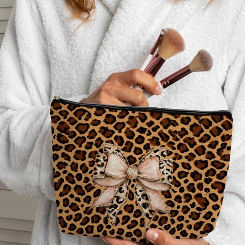 Leopard Coquette Bow Makeup Bag, Leopard Cheetah Gifts Supplies Cosmetic Bags Travel Toiletry Bag for Women, Trendy Cheetah Bow Print Zipper Makeup Pouches for Purse - color: Cheetah Bow