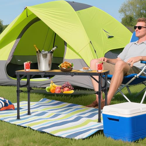 Anbte 3ft Camping Table Foldable with Storage Net and Bag, 3 Adjustable Heights High 27.5" Aluminum Camping Table Portable, for Outdoor Indoor Backyard BBQ Cooking Party Picnic Beach, Light Oak Grain - color: Light Oak Grain