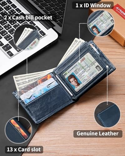 Artpaxy Mens Wallet Bifold Genuine Leather RFID Blocking Wallet for Men with 1 ID Windows 13 Card Holders 2 cash pockets 1 Gift Box - color: Navy Blue