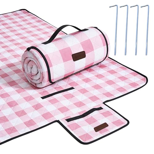 HX&OD Outdoor Picnic Blanket, Extra Large, 80''x80'' Waterproof Foldable Blankets Gingham Picnic Mat for Beach, Camping Grass Lawn Park Accessories Cute Couple Ideas Wedding (Pink, 80”x80”) - color: Pink, size: 6'8" x 6'8" (Square)