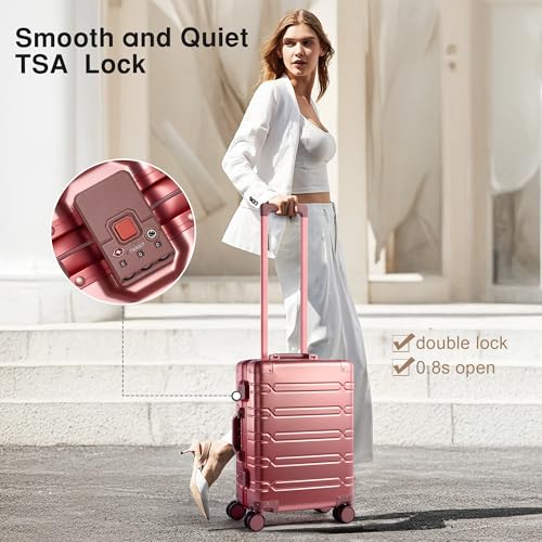 VentureVault All Aluminum Carry On Luggage 22x14x9 Airline Approved，Zipperless Luggage Premium Aluminum Suitcase Luggage, Hard Shell Carry On Luggage with Spinner Wheels (rose gold, 20inch) - color: Rose Gold, size: 20inch