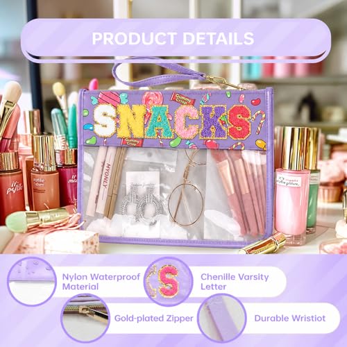 Siwara Snack Bags Clear Pouch Travel Makeup Bag Chenille Letter Bags for Zipper Pouch Clear Cosmetic Bag Clearly Tote Bag Makeup Travel Bags for Women - color: Candy-Purple