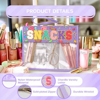 Siwara Snack Bags Clear Pouch Travel Makeup Bag Chenille Letter Bags for Zipper Pouch Clear Cosmetic Bag Clearly Tote Bag Makeup Travel Bags for Women - color: Candy-Purple