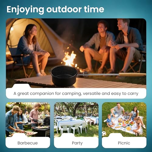 Portable outdoor camping pot, detachable long handle, popcorn pot, non-stick coating and mesh cover, portable and easy to store, black, stainless steel handle with wooden handle for heat resistance