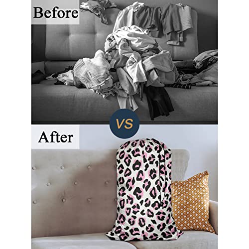 Swono Leopard Print Laundry Bags With Drawstring XL Storage Bags 28"x40", Heavy Duty Multi Use, Animal Skin Repeat Pattern Washable Dirty Clothes Organizer, Easy Fits Laundry Hamper Basket, Pink Black - color: Leopard Print