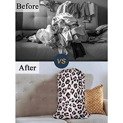 Swono Leopard Print Laundry Bags With Drawstring XL Storage Bags 28"x40", Heavy Duty Multi Use, Animal Skin Repeat Pattern Washable Dirty Clothes Organizer, Easy Fits Laundry Hamper Basket, Pink Black - color: Leopard Print