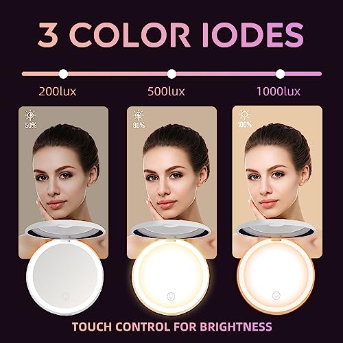 Led Travel Makeup Mirror 1x/2x Magnifying Compact Mirror with Light USB Rechargeable Small Pocket Mirror Dimmable Portable Makeup Mirror for Handbags Purses Pockets Gifts for Girls White