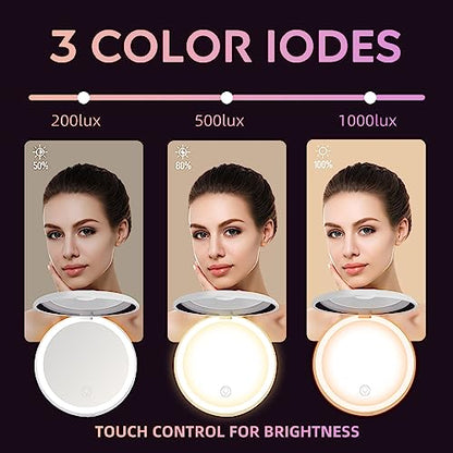 Led Travel Makeup Mirror 1x/2x Magnifying Compact Mirror with Light USB Rechargeable Small Pocket Mirror Dimmable Portable Makeup Mirror for Handbags Purses Pockets Gifts for Girls White