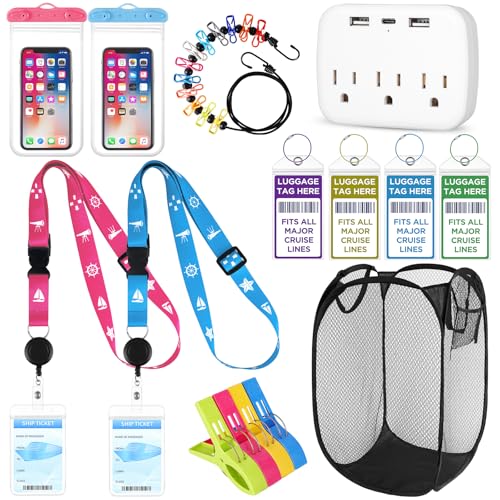 15 PCS Cruise Ship Essential Includes Cruise Lanyard, Cruise Luggage Tags, Waterproof Phone Bags, Travel Clothesline, Pop Up Hamper, Towel Clips, Power Strip for Carnival Essentials Kit - color: Black