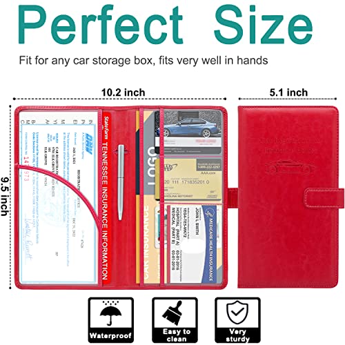 RSAquar Car Registration and Insurance Holder, Leather Car Glove Box Organizer, Cool Car Accessories for ID, Driver's License Cards & Essential Document, Men&Women, Red - color: Red