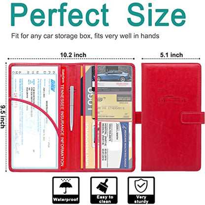RSAquar Car Registration and Insurance Holder, Leather Car Glove Box Organizer, Cool Car Accessories for ID, Driver's License Cards & Essential Document, Men&Women, Red - color: Red